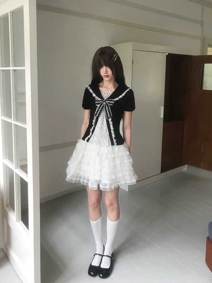 Sweet Polka Dot Sailor Collar Blouse, Elastic Waist Skirt 45346:850187