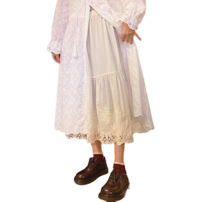 Mori Kei Underskirt Cotton Hollow Lace Spliced Skirt 36220:524630