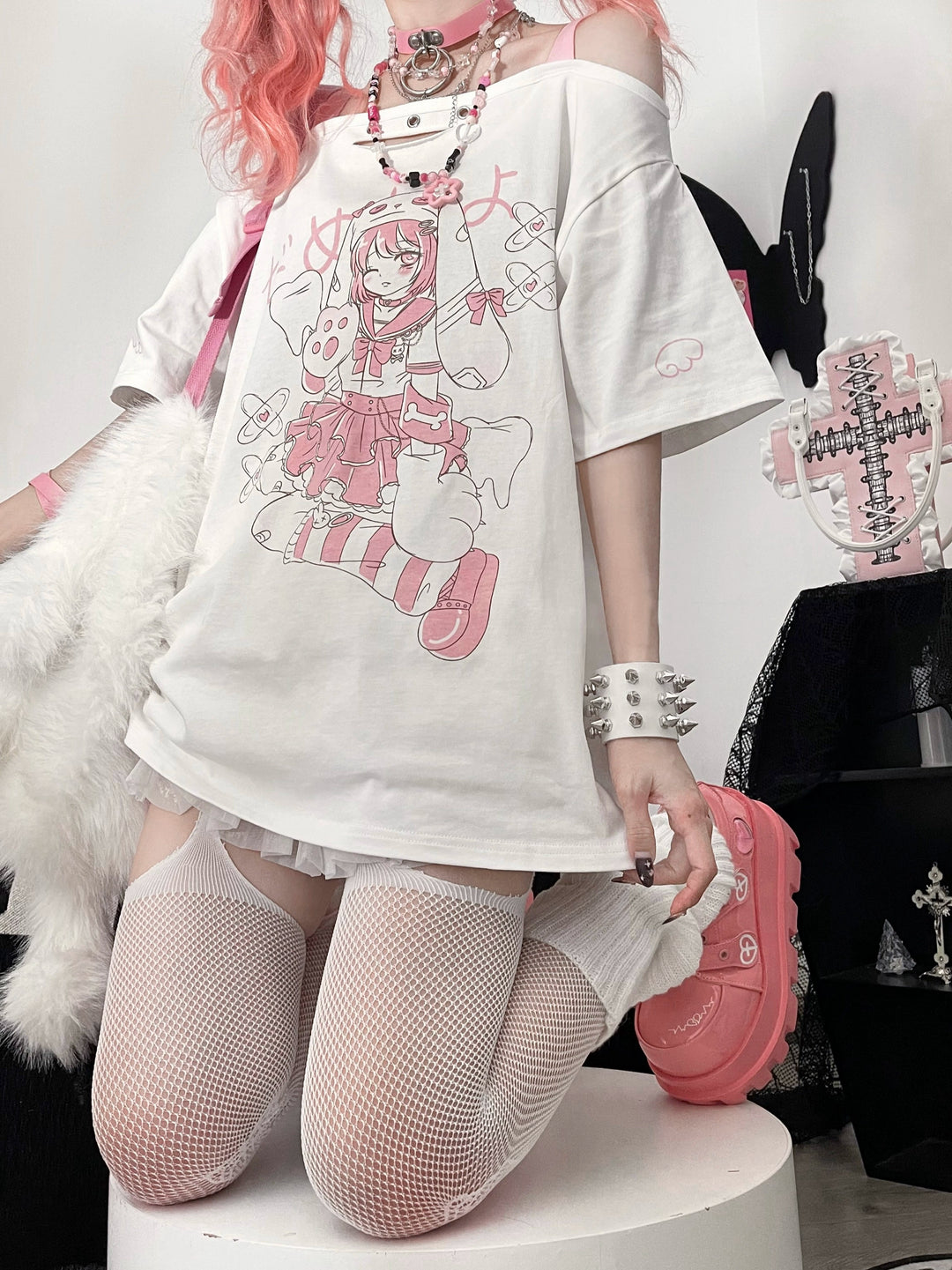 Y2K T-shirt Anime Print Subculture Off-shoulder Shirt 38524:592488