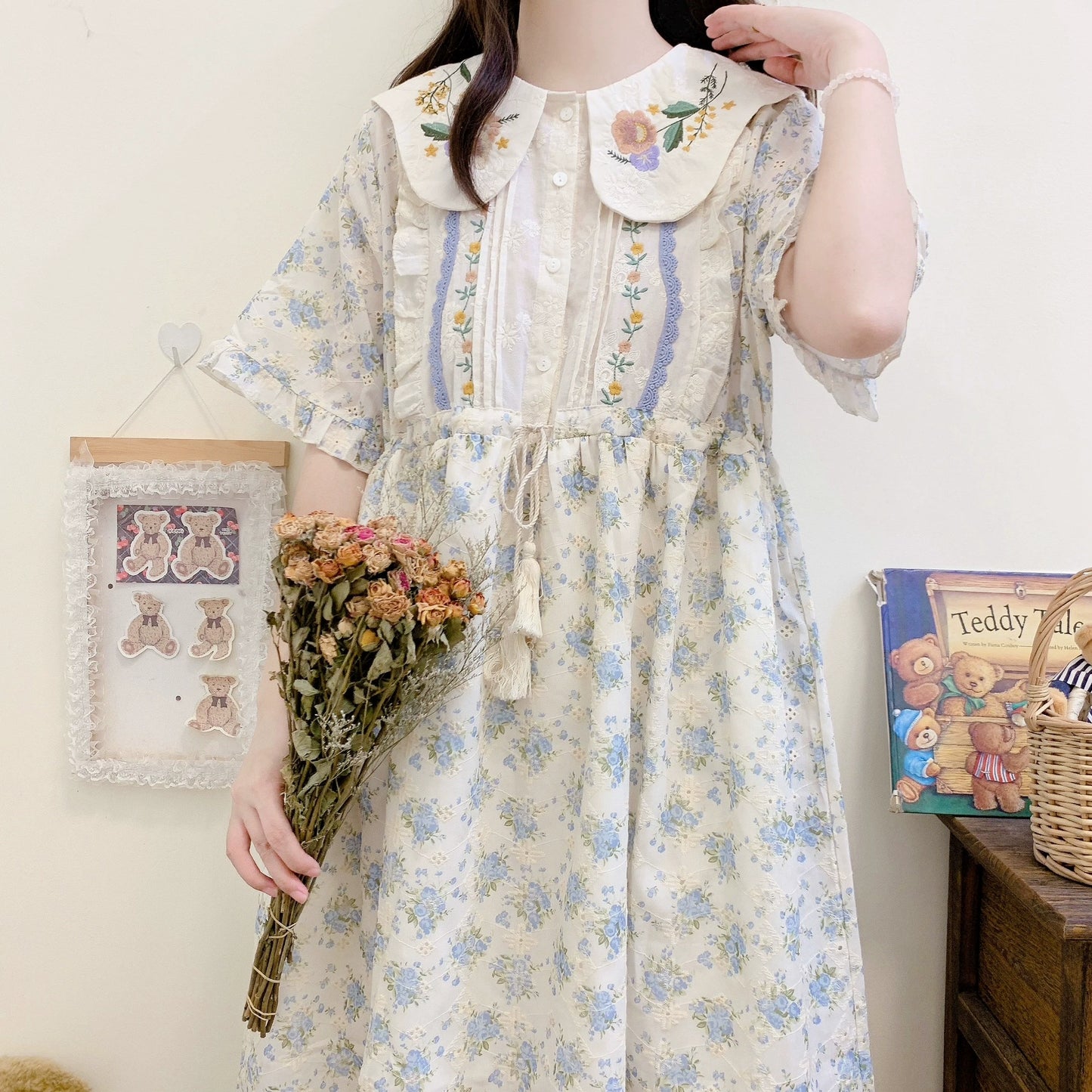 Cottagecore Dress Mori Kei Dress Blue Floral Dress 36236:526682