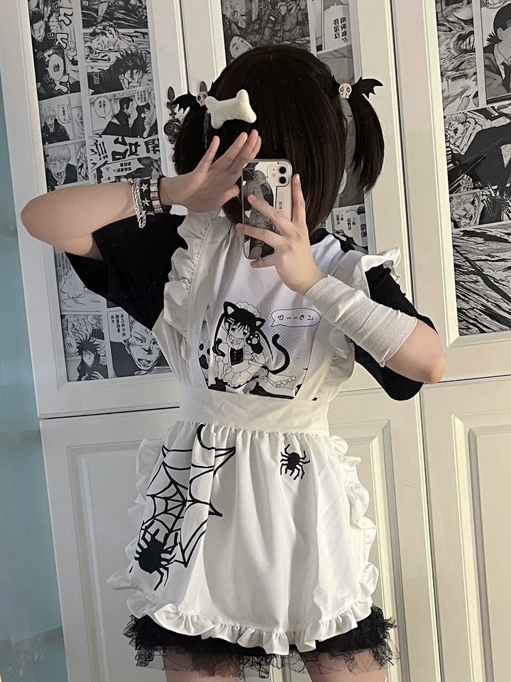 Yami Kawaii Apron Spider Wet Print White Pinafore (F) 37276:553680