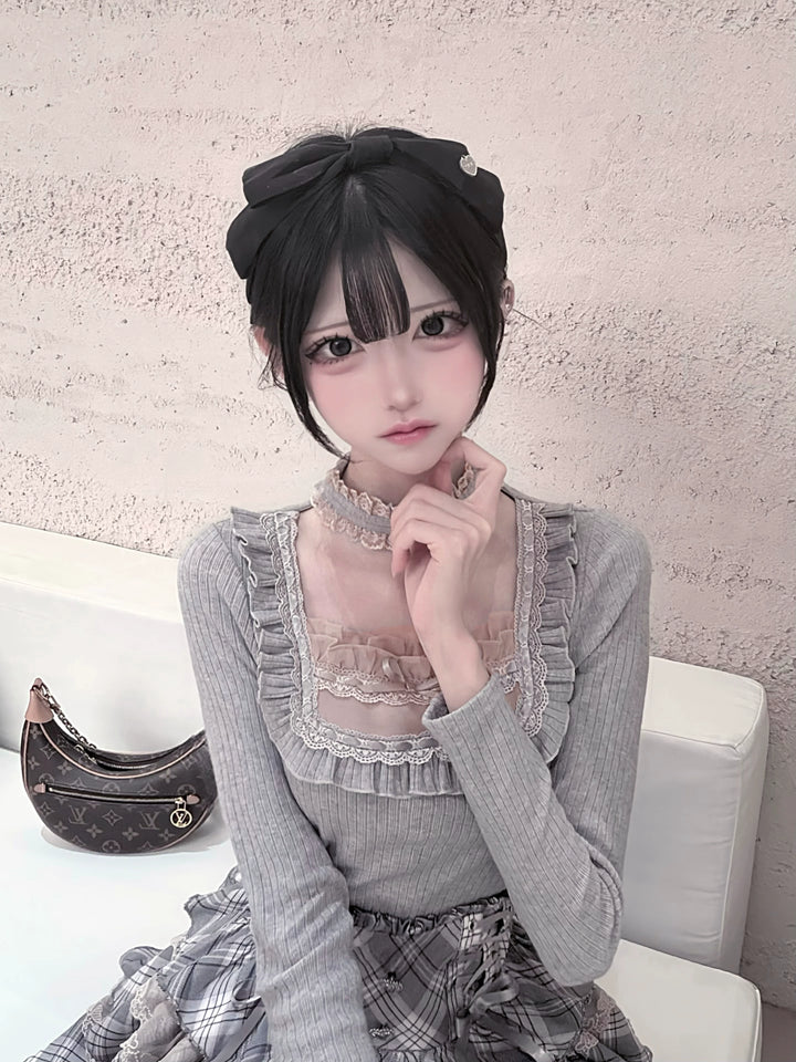 Seiso Kei Grey Pink Knit Sweater & High Waist Skirt Set 45990:871751