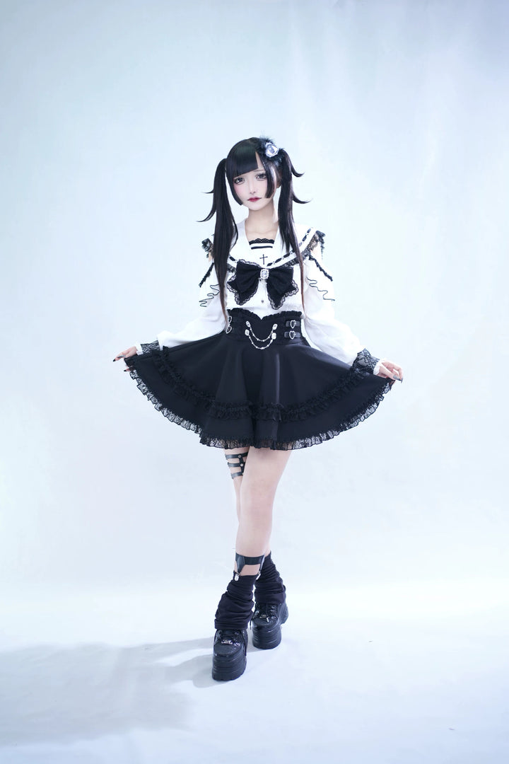 Lace Jirai Kei Sailor Collar Blouse, High Waist Skirt Set 45626:859353