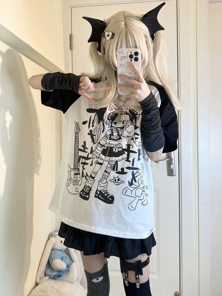 Subculture Shirt Black White Raglan Sleeve T-shirt Anime Top 37742:579336