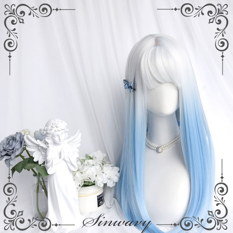 Lolita Wig White-Blue Gradient Cute Long Curly Wig 39356:641016