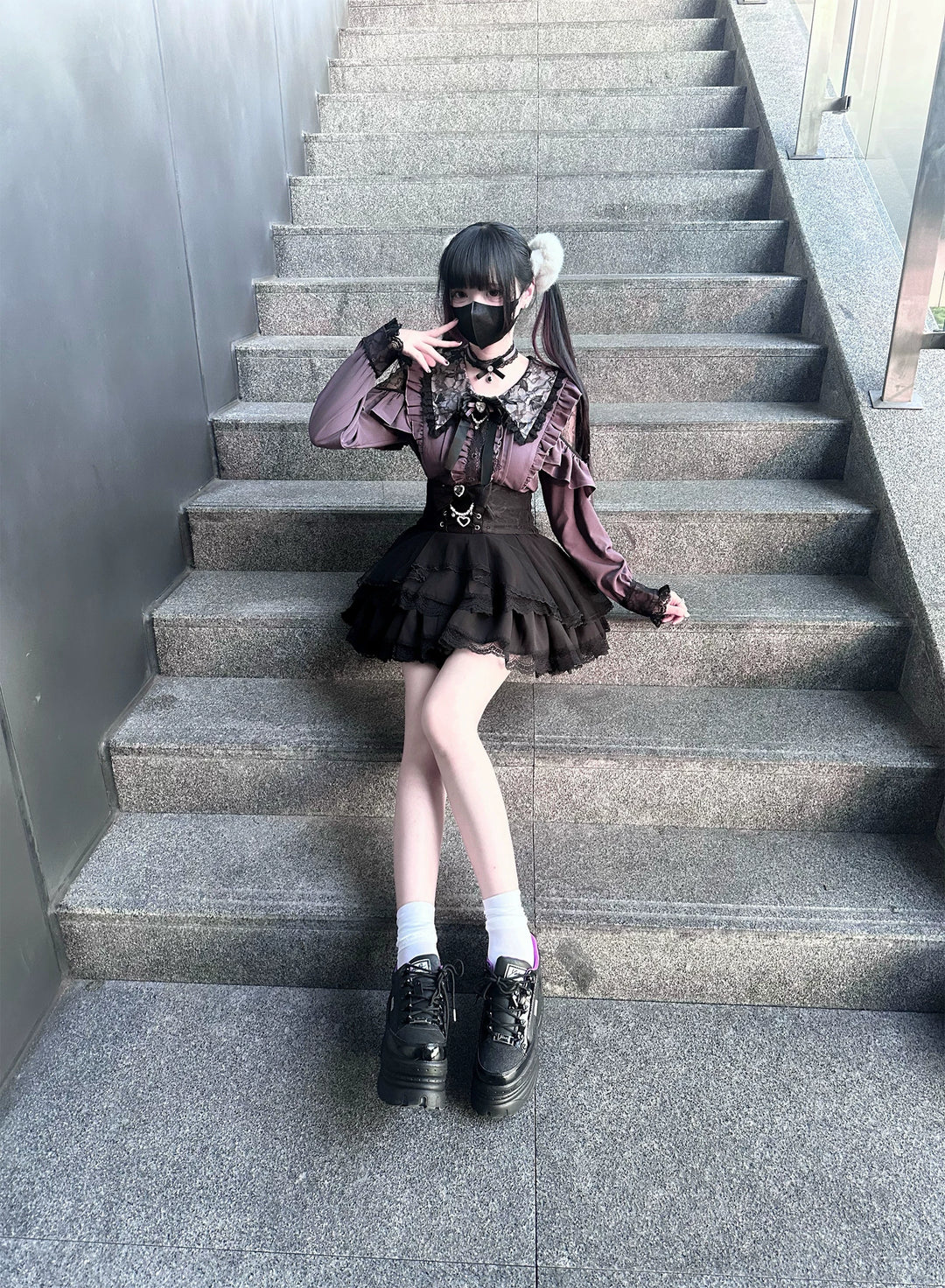 Jirai Kei Long Sleeve Blouse, Lace Open-Shoulder 44588:815053