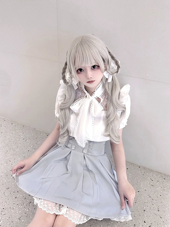 White Jirai Kei Blouse with Ribbon & Blue Pleated Skirt With Elastic Band 42979:760044
