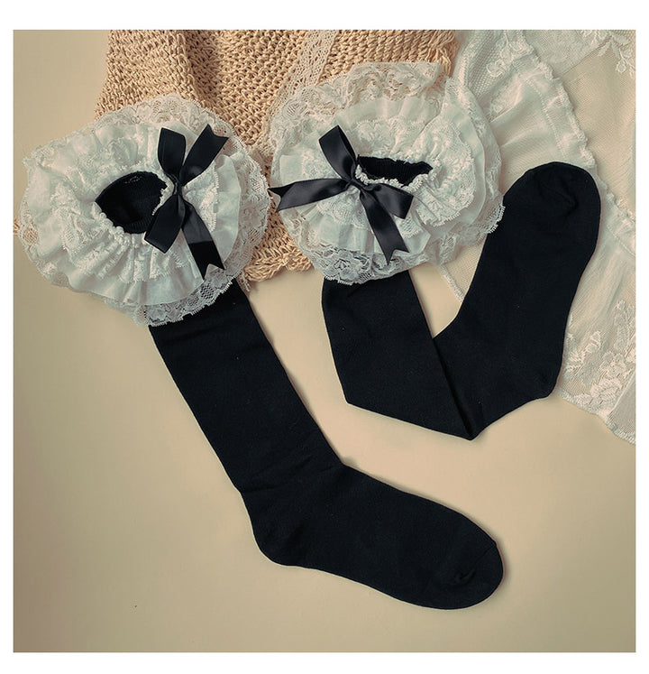 Lolita Socks Layers Lace Frill Cotton Mid-Calf Socks With Bows 42243:733472