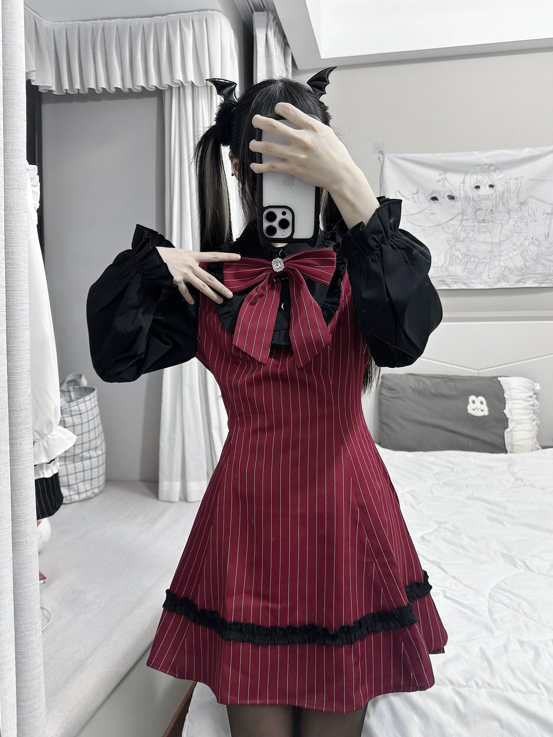Jirai Kei Striped Long-Sleeve Dress, Detachable Bow 45797:864470