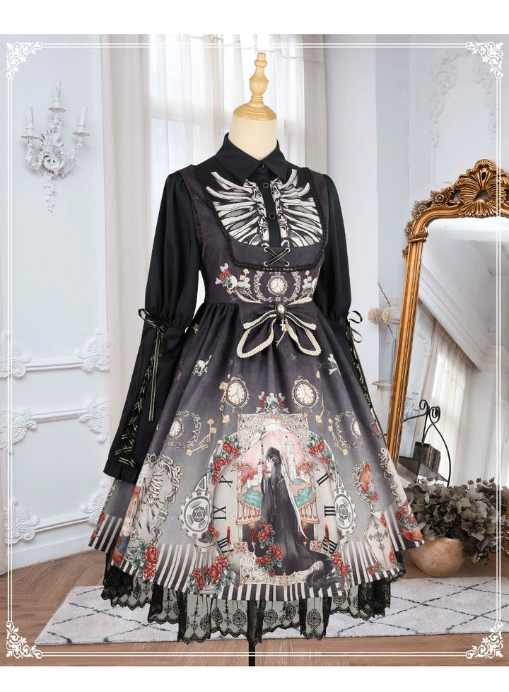 Gothic Lolita Dress Set Black White Lolita Blouse Dress Set 35536:495594