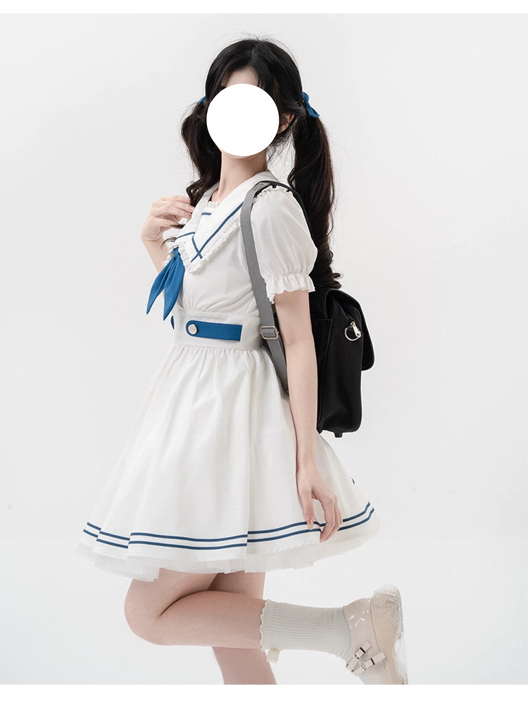 Preppy Dress Sailor Collar Dress White Short Sleeve Dress 36416:574304
