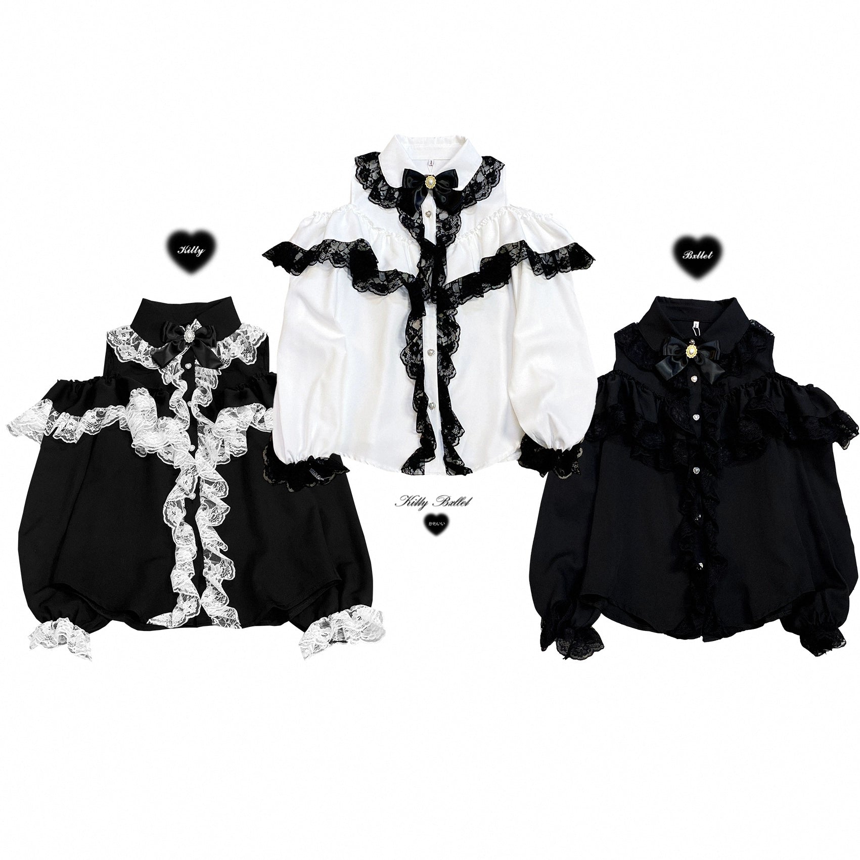 Jirai Kei Black White Blouse Double Layer Hollowed Sleeves Shirts 31856:372564