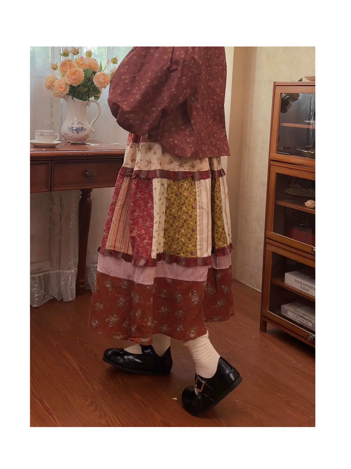 Mori Kei Skirt Retro Plaid Patchwork Floral Long Skirt 41800:714000