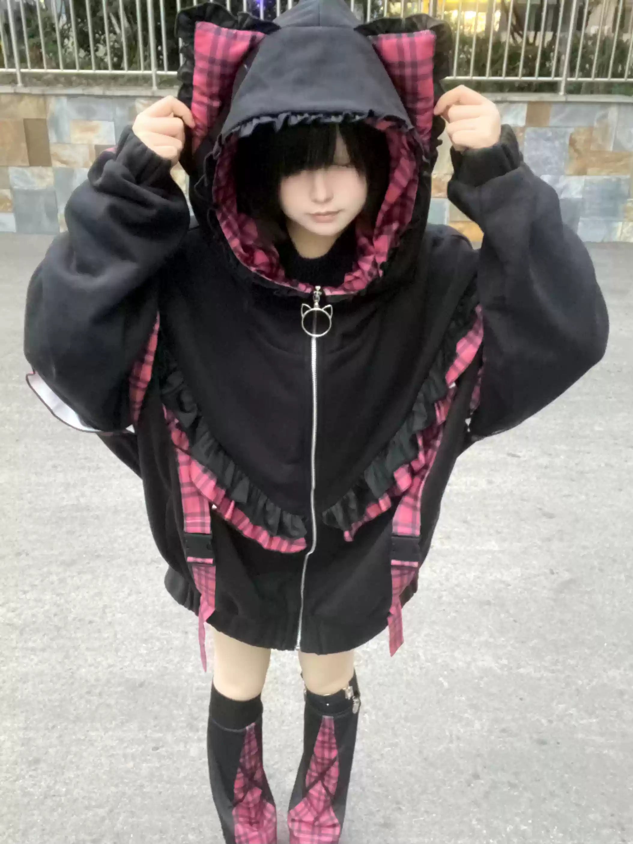 Y2K Fleece Coat Tenshi Kaiwai Hood Jacket Plaid Patchwork – Honey
