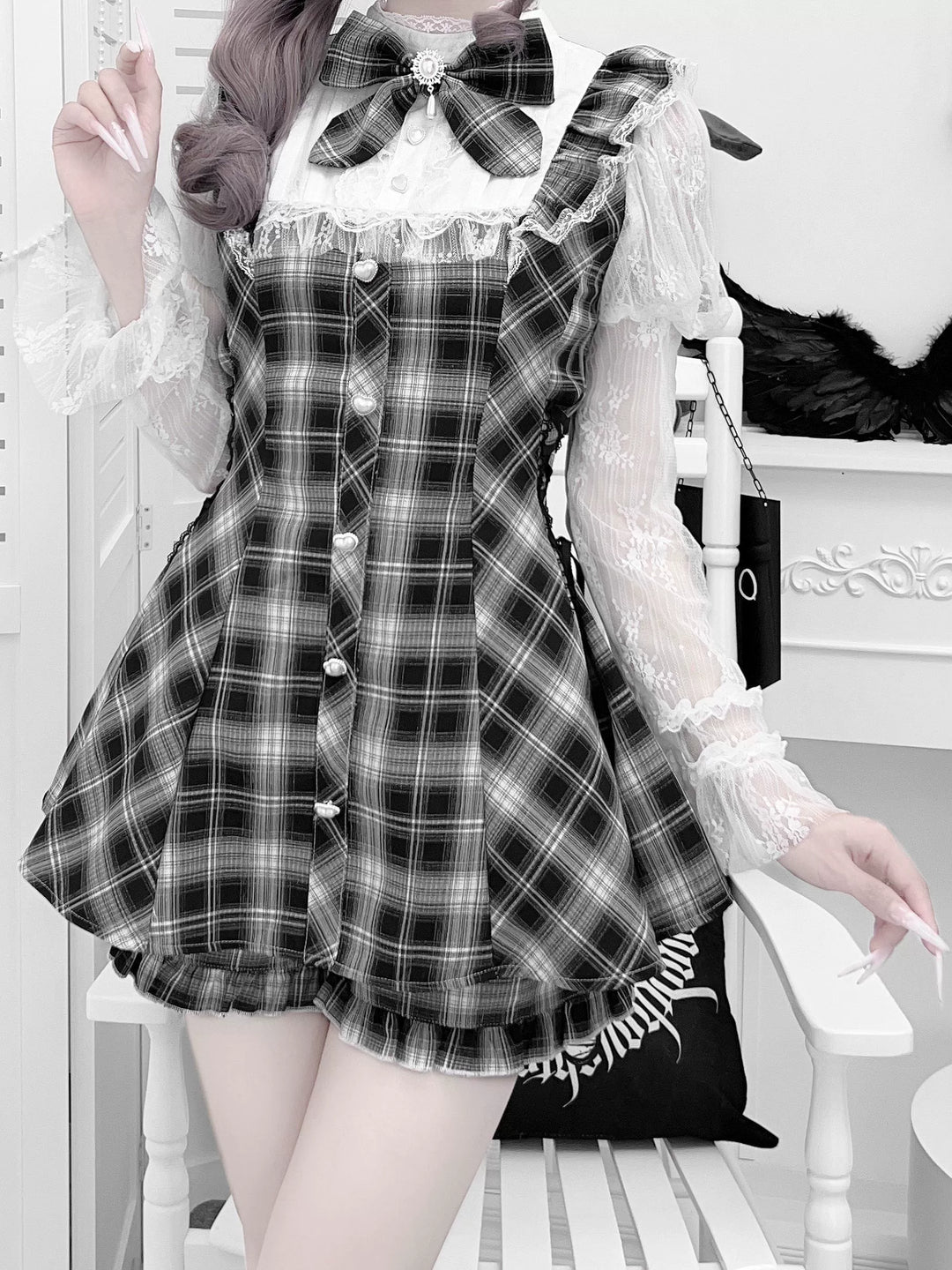 Lace Julie Sleeve Jirai Kei Dress, Elastic Waisted Shorts, Pocket 43578:780326
