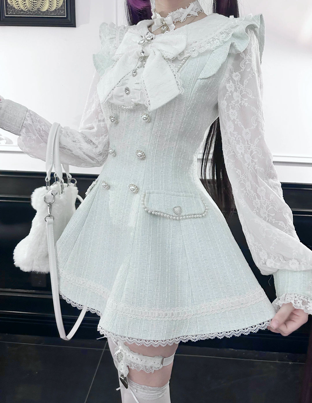 Peter-Pan Collar Ryousangata Dress Set, Lace Sleeves 44524:815228