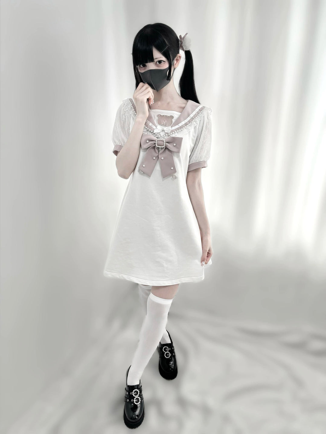 Jirai Kei Dress Sailor Collar Pearl Lace Dress 37656:606520