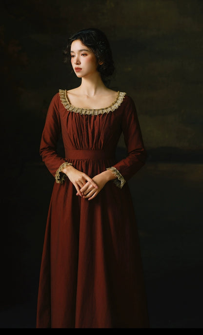 Mori Kei Dress Classical Oil Painting Dress Rust Red Dress 36348:544682