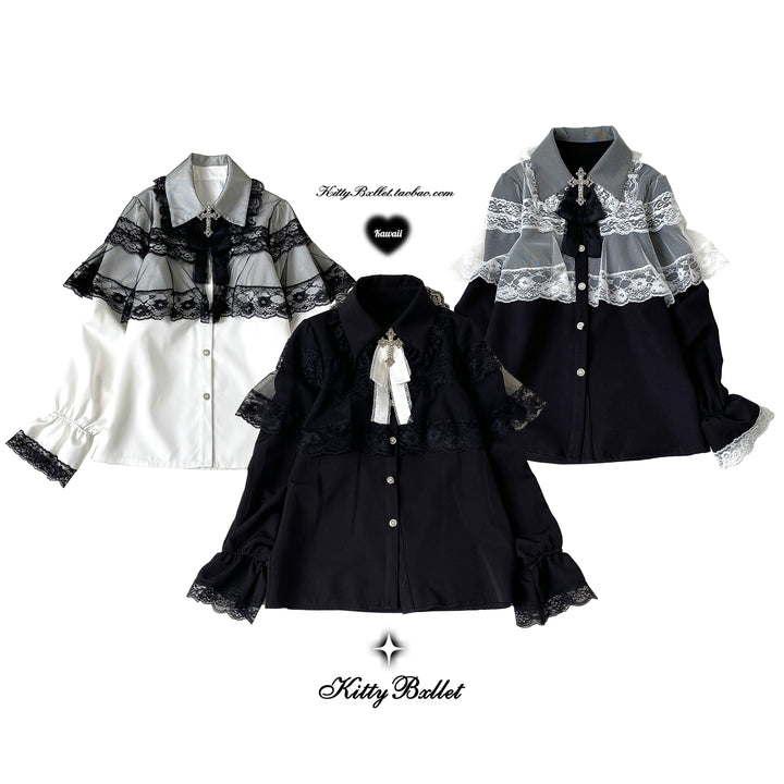 Jirai Kei Blouse Lace Cape Long Sleeve Shirt 41882:717158