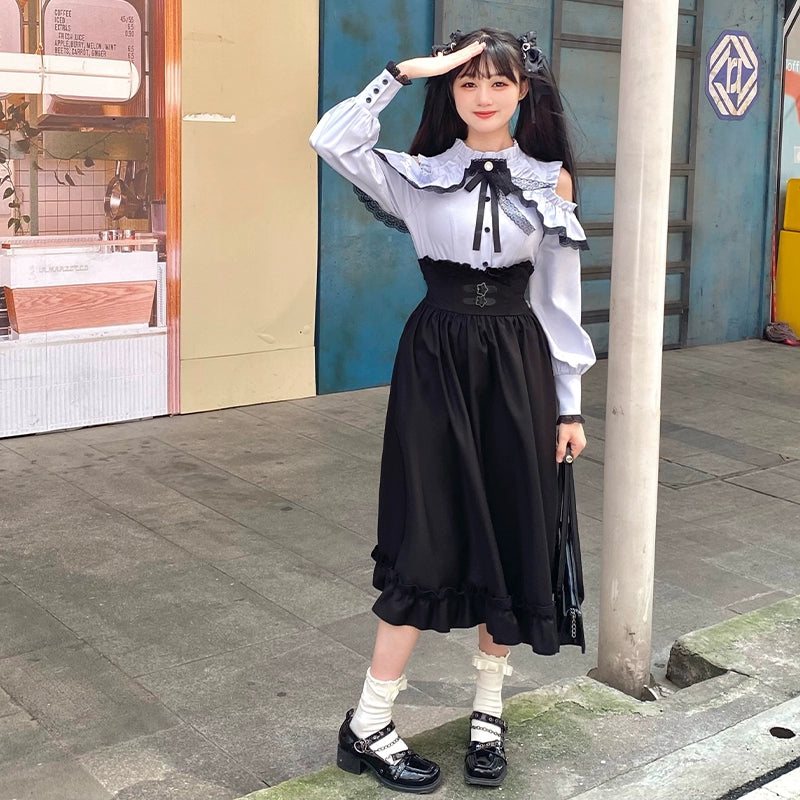 Jirai Kei Blue Long Sleeve Blouse Black Skirt 29514:353412