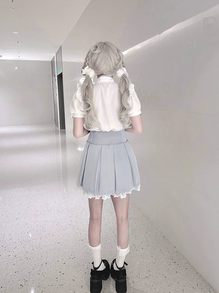 White Jirai Kei Blouse with Ribbon & Blue Pleated Skirt With Elastic Band 42979:760035