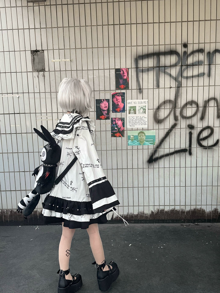 Yami Kawaii Sailor Collar Dress with Grommet Belt & Skull Prints 42856:755600