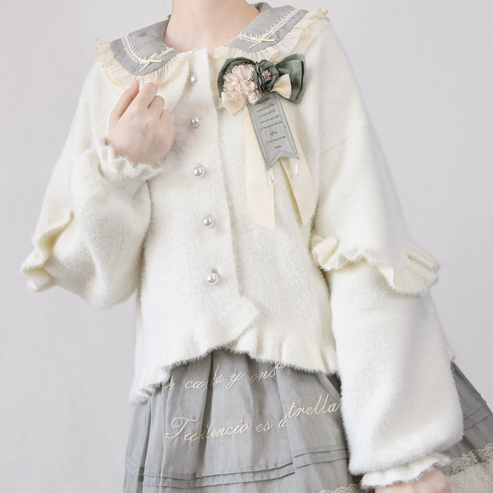 Sweet Lolita Cardigan Bubble Sleeve Ruffle Trim Sweater 40320:659520