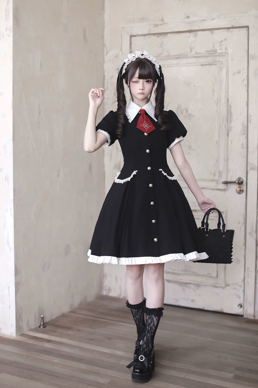 Gothic Lolita Button Closure OP Dress, Detachable Apron 44947:832429