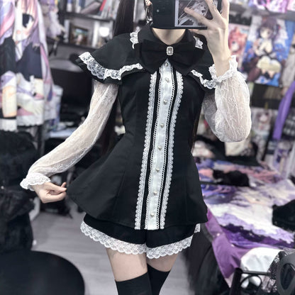 Jirai Kei Dress Set Lace Sleeve Black Cape Outfit Sets 37456:561410