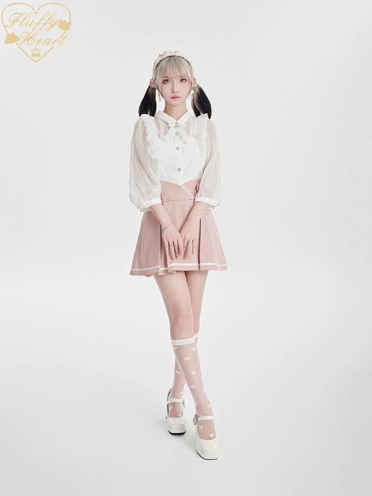 White Pink Jirai Kei Blouse Sheer Lace Shirt with Rhinestone 32914:403882