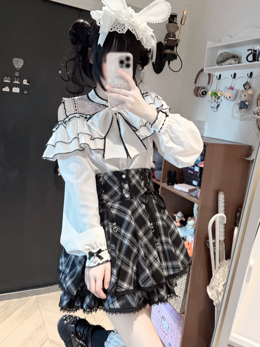 Jirai Kei Plaid Skirt, Ruffled Neckline Chiffon Blouse 45935:868692