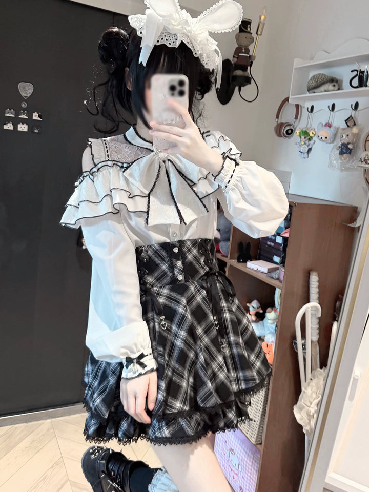 Jirai Kei Plaid Skirt, Ruffled Neckline Chiffon Blouse 45935:868692