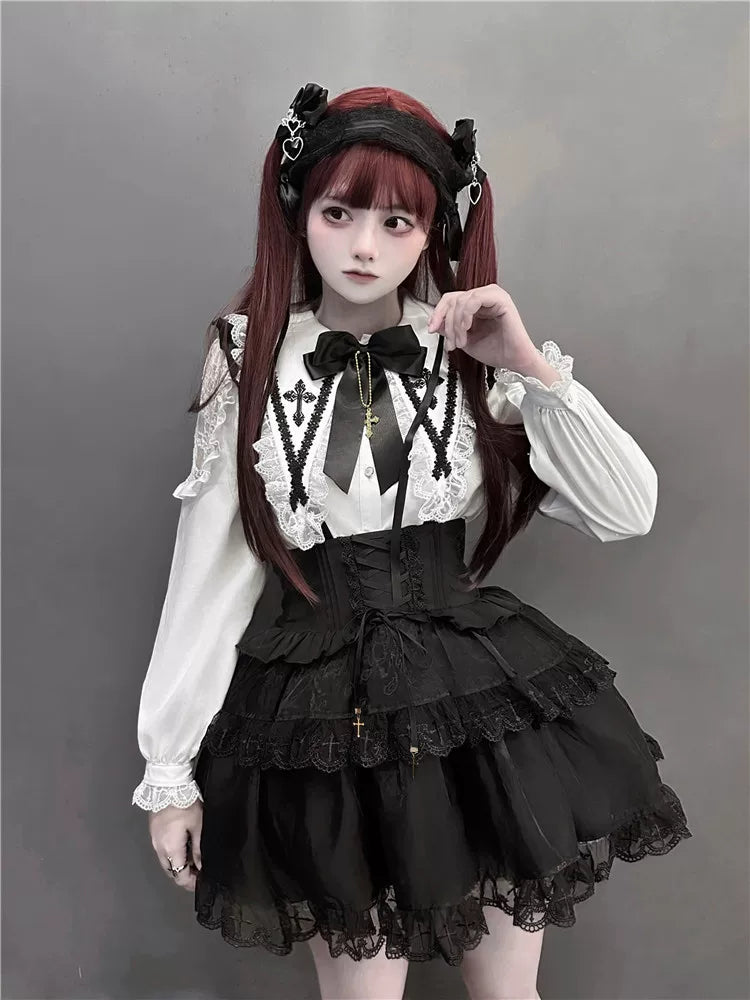 Jirai Kei Flutter Sleeve Suspender Skirt Set, Cross Pendants 45581:860447
