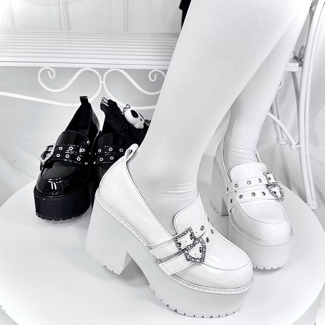 Punk Slip-on Platform Shoes, Heart Rhinestone Buckle Strap 45864:867046