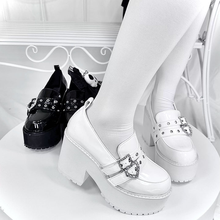 Punk Slip-on Platform Shoes, Heart Rhinestone Buckle Strap 45864:867046