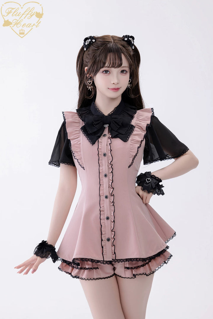 Jirai Kei Button Closure Dress Set Up, Chiffon Sleeves 45390:846530