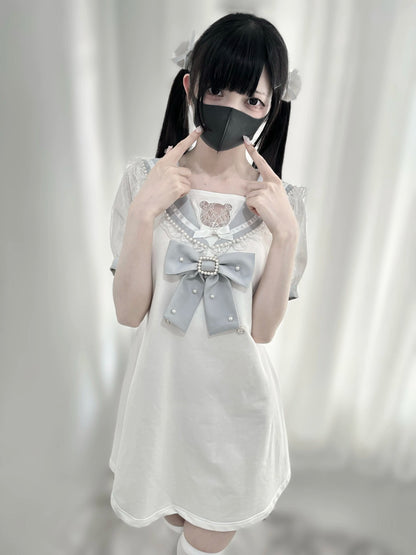 Jirai Kei Dress Pearl Embroidered Dress Short Sleeve Dress 37648:568058