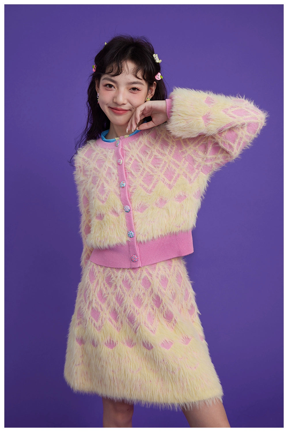 Fairy Kei Pink And Yellow Sweater Plush Check Sweater Set 31686:391780 31686:391780