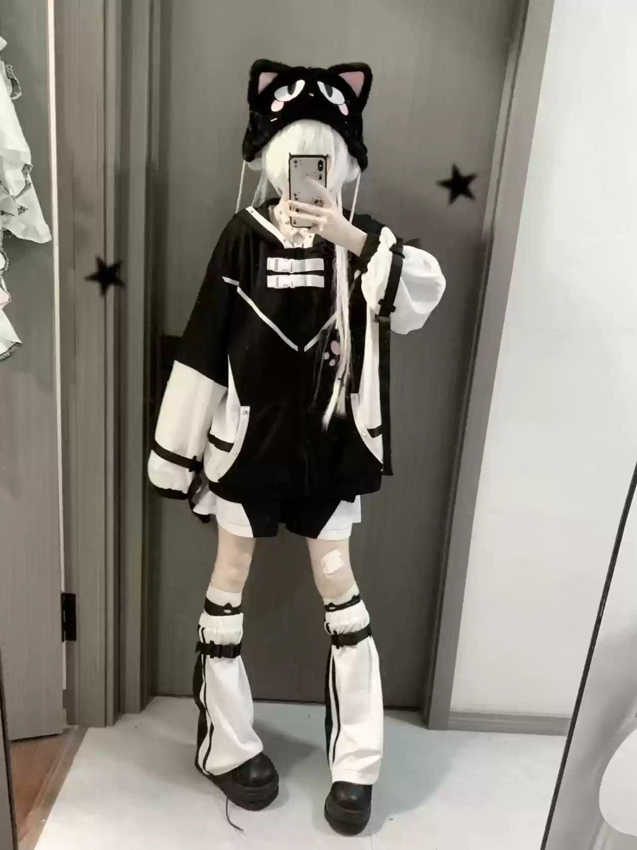 Cat Ears Jirai Kei Hoodie Jacket Black White Sports Full Set Cat Ears Jirai Kei Hoodie Jacket Black White Sports Full Set