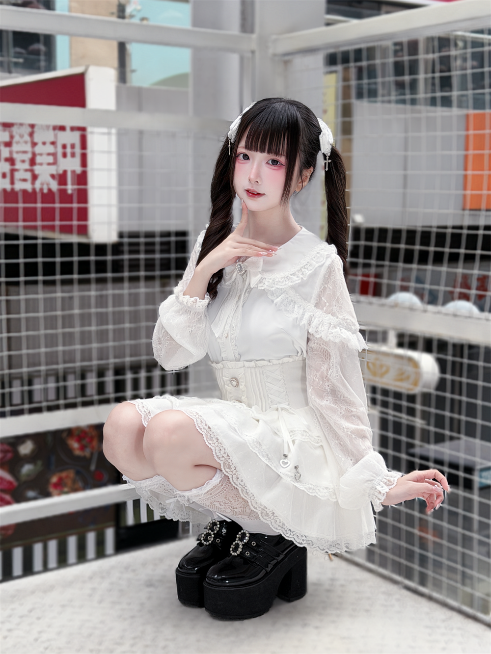 Ryousangata White Lace Blouse & High Waist Skirt 45579:853606