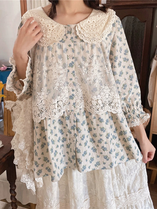 Mori Kei Blouse Floral Cotton Linen Shirt With Lace 36222:524848