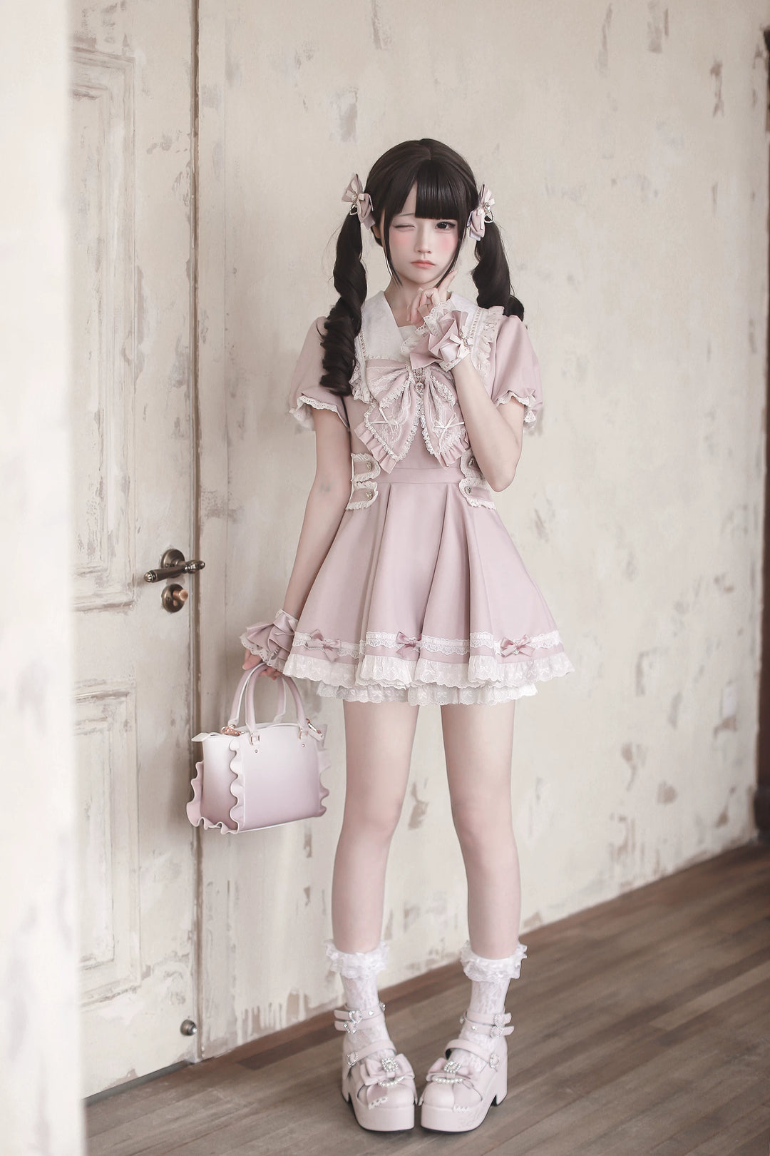 Pink High-waist Ryousangata Dress, Sailor Collar 44781:829323