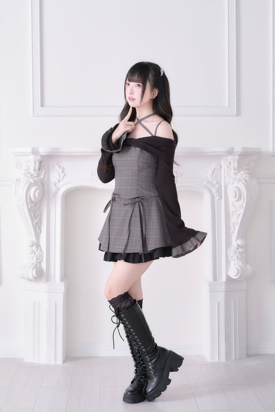 Jirai Kei Plaid Top and Skirt Set, Halter Neckline 44814:822649