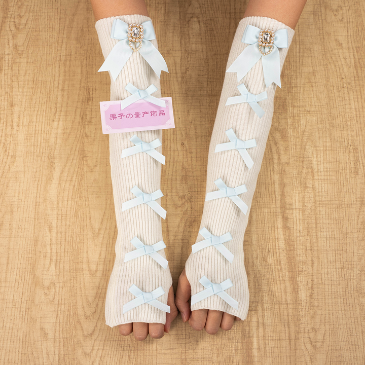 Jirai Kei Hand Sleeves Knitted Half-Finger Bowknot Gloves 39660:649080