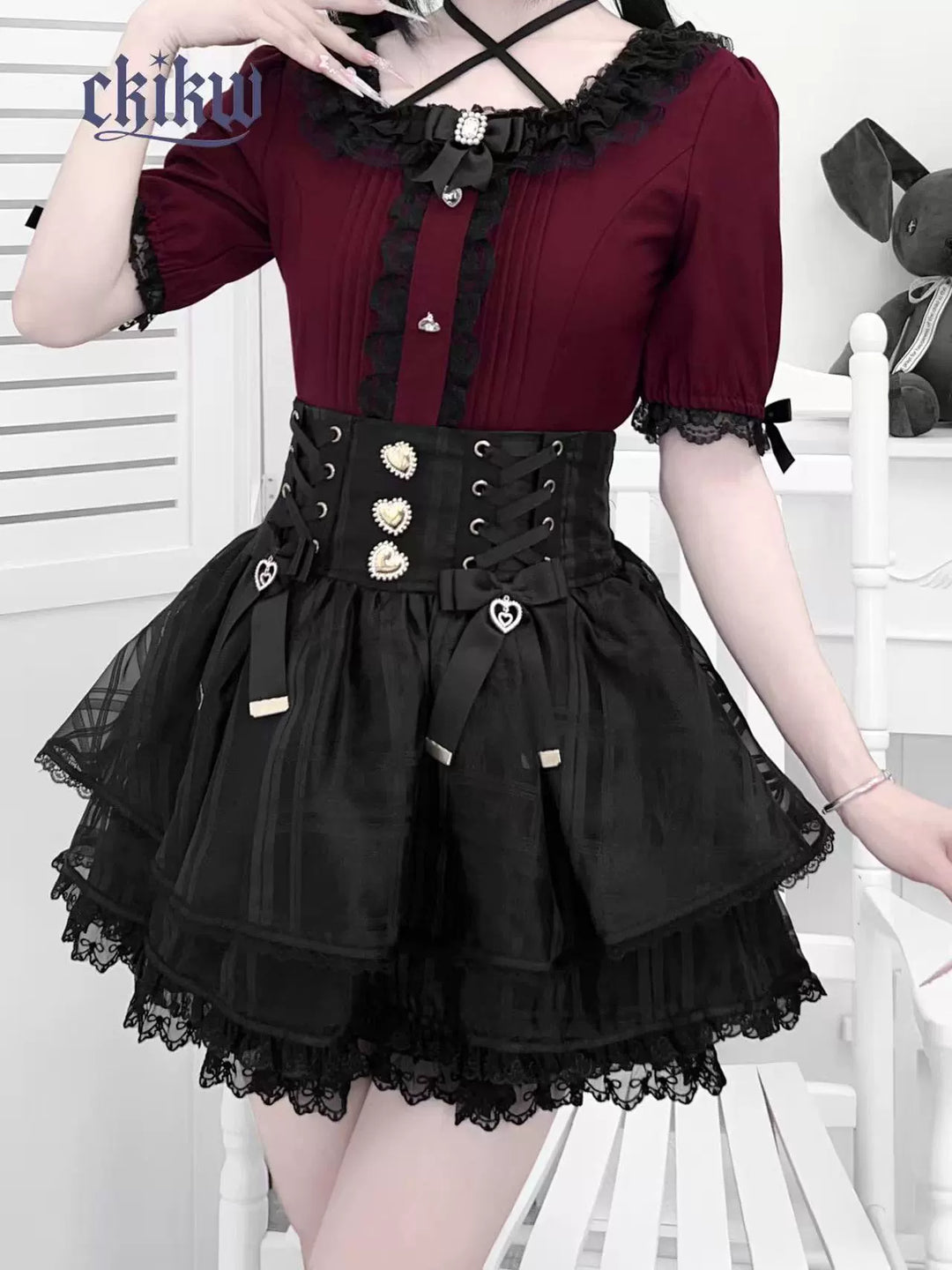 Lace Square Neck Jirai Kei Blouse, Detachable Rhinestone Bow (L M S) 43611:780669