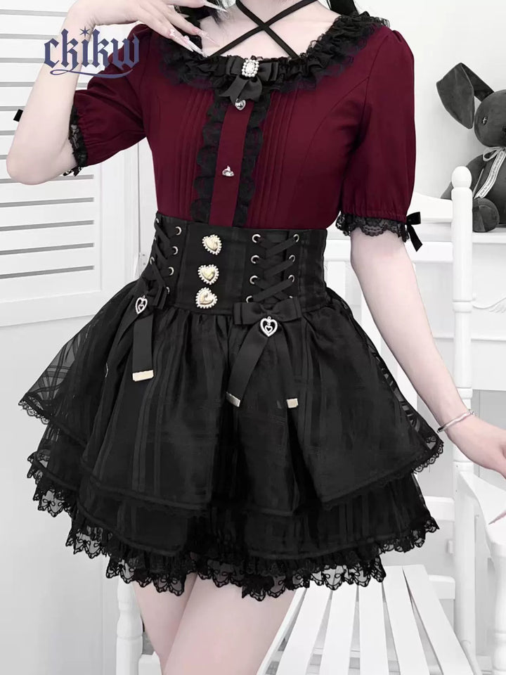 Lace Square Neck Jirai Kei Blouse, Detachable Rhinestone Bow (L M S) 43611:780669