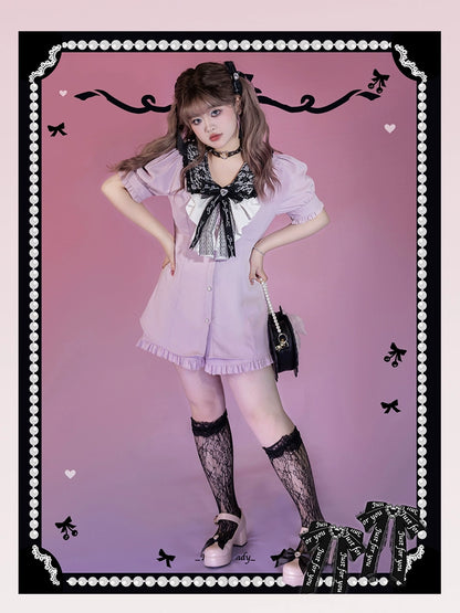 Plus Size Jirai Kei Blouse Short Sets Pink Black Full Set 21886:317302