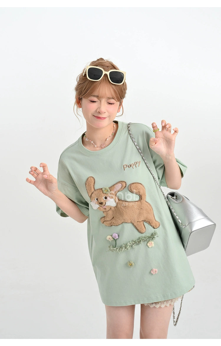 Kawaii T-shirt Short Sleeves Cotton Top Patch Embroidery 35896:559580