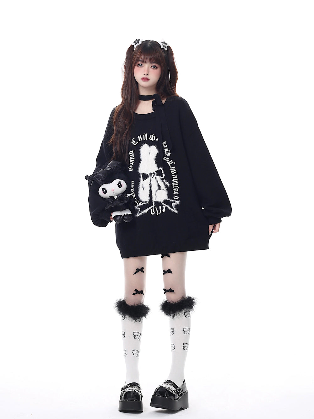 Jirai Kei Sweater Christmas Pullover Lantern Sleeve Sweater (M S / Black) 39552:632968