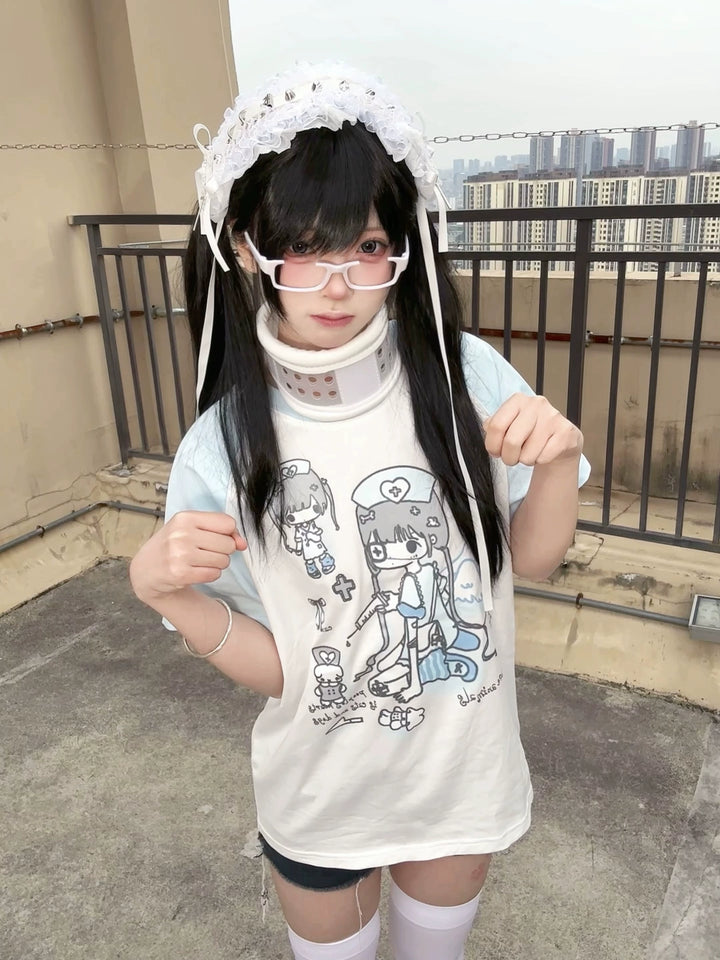 Yami Kawaii Cotton T-Shirt with Angelic Nurse Print 42852:755371